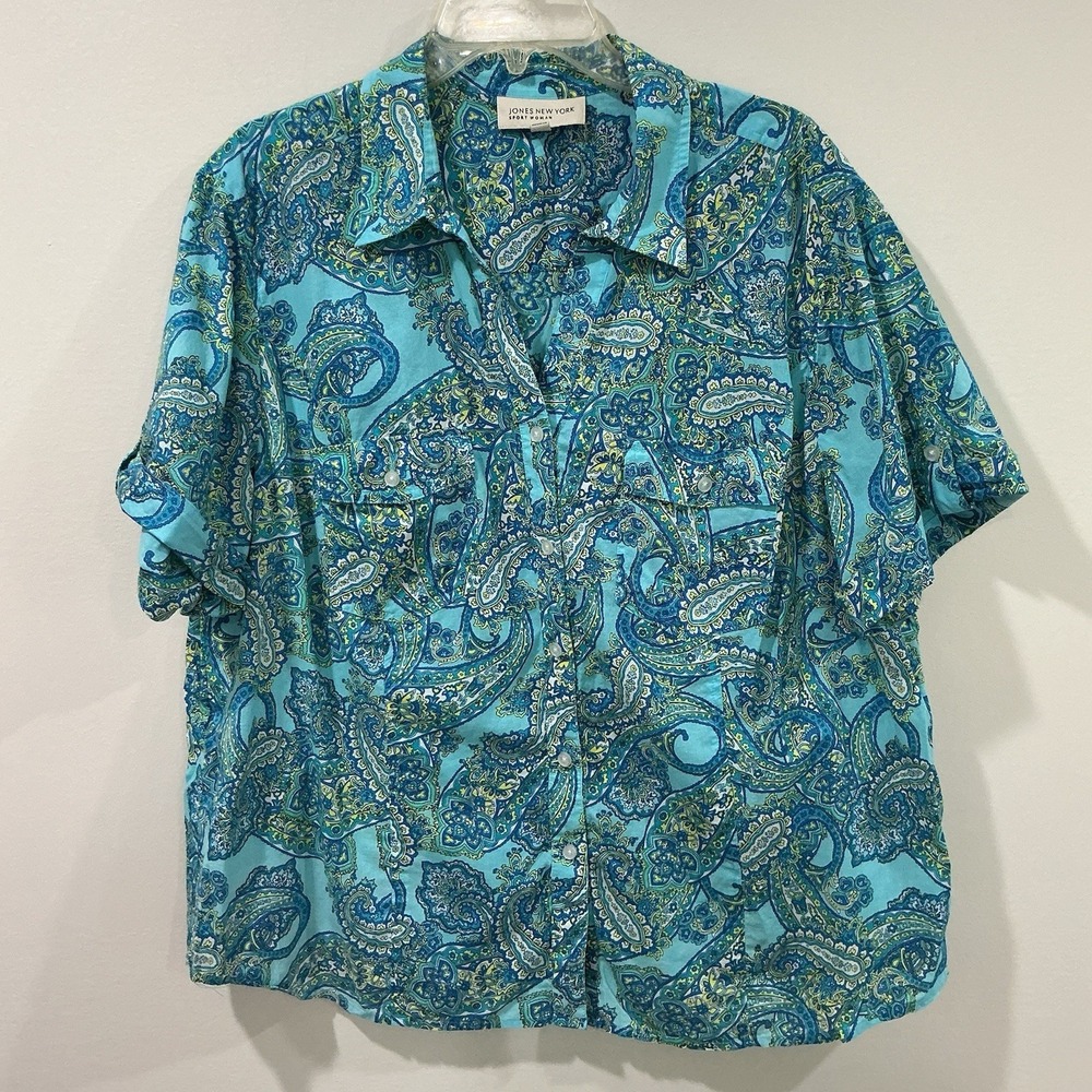 Jones New York Woman Paisley Tunic Button Front Size 3X Roll Tab Sleeve Floral